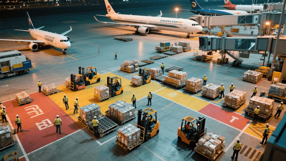 Title - Optional but Recommended for SEO & UX): Essential Role of the Bill of Lading in Air Freight Shipments Airplane cargo hold being loaded with pallets, illustrating air freight logistics and bill of lading usage for air transport