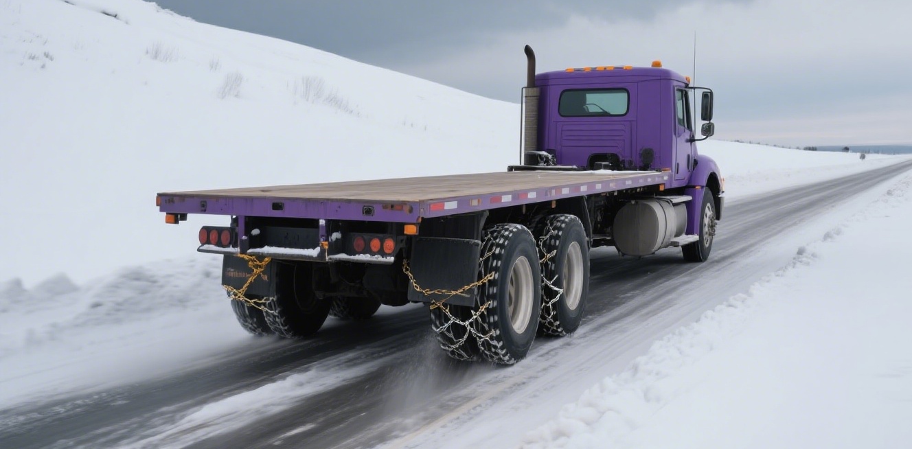Flatbed truck carrying steel beams at an international port