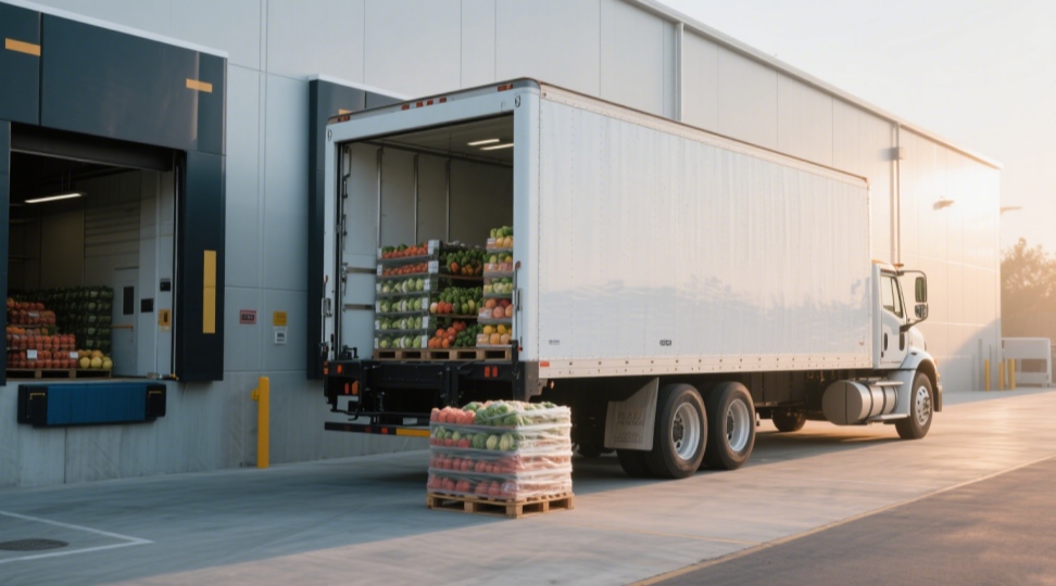 Refrigerated truck loading fresh produce at a cold storage facility