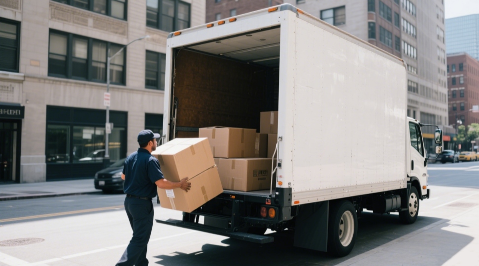 Box truck making a city delivery with liftgate unloading