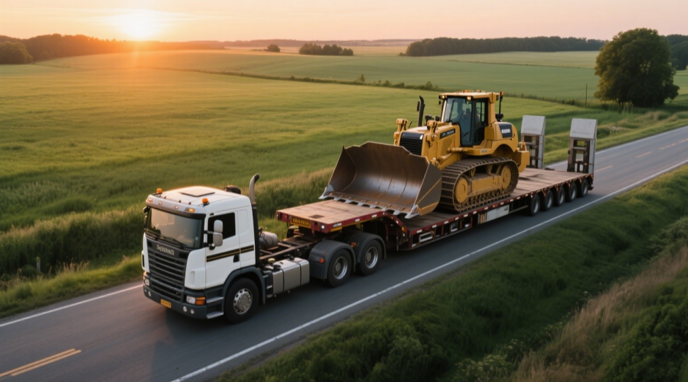 Lowboy trailer carrying a bulldozer on a rural road