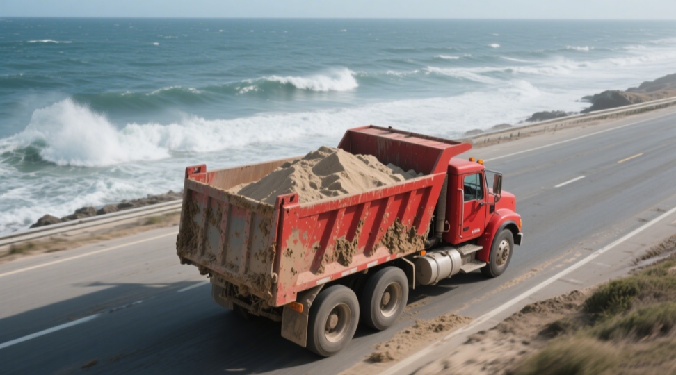 Dump truck unloading gravel at a construction site