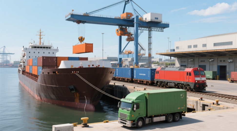 Visual overview of the six main forms of transport used in global logistics: road, rail, sea, air, pipeline, and multimodal solutions.