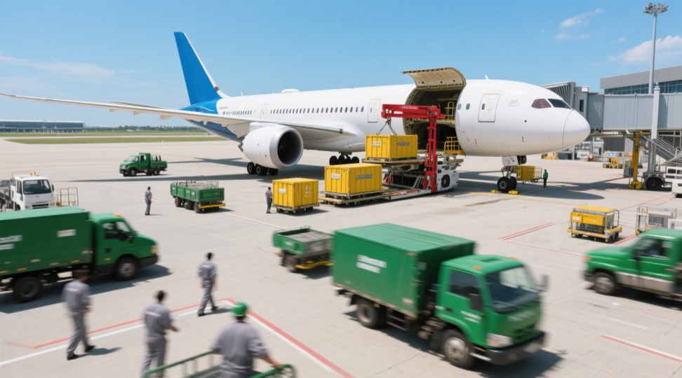 Air cargo terminal showcasing international freight being loaded onto a cargo plane, emphasizing speed and reliability in logistics.