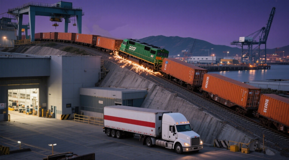 An intermodal logistics process showing container transition between sea, rail, and road transport to illustrate multimodal efficiency.