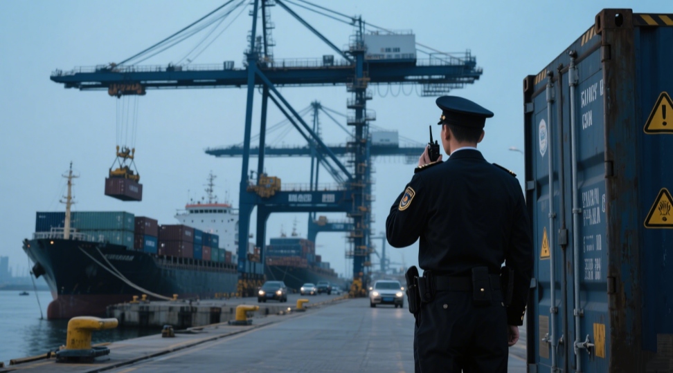 Illustration of a customs officer examining a container at a major port—key step in the customs clearance process.
