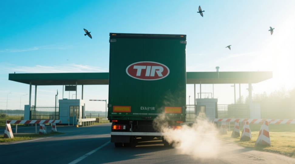 Photographic‑style view of a TIR‑certified truck crossing an international border under customs control for seamless transit.