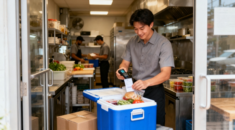 Courier picking up insulated boxes from small food business for international shipping