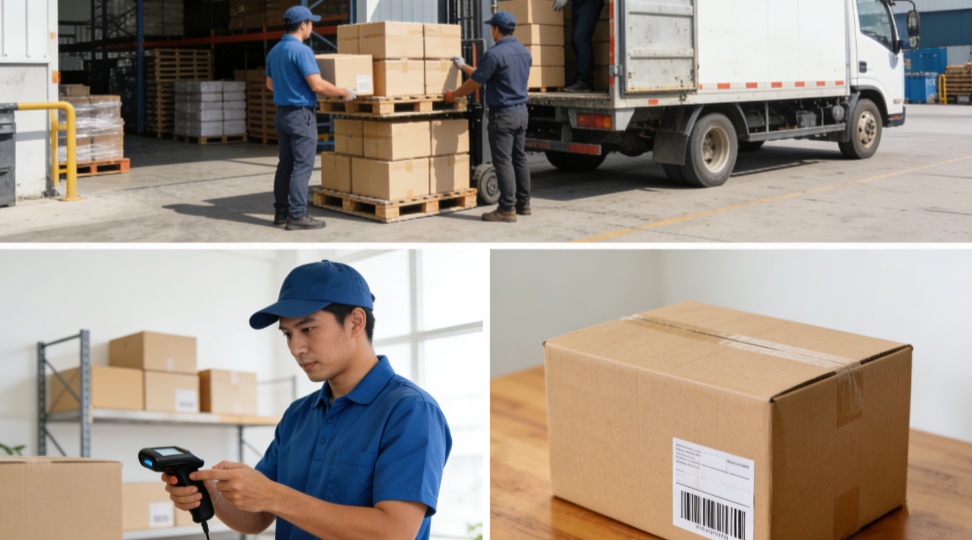 ltl-benefits-small-business Small business logistics montage showing pallet loading, barcode scanning, and ecommerce packing - Benefits of LTL for small businesses