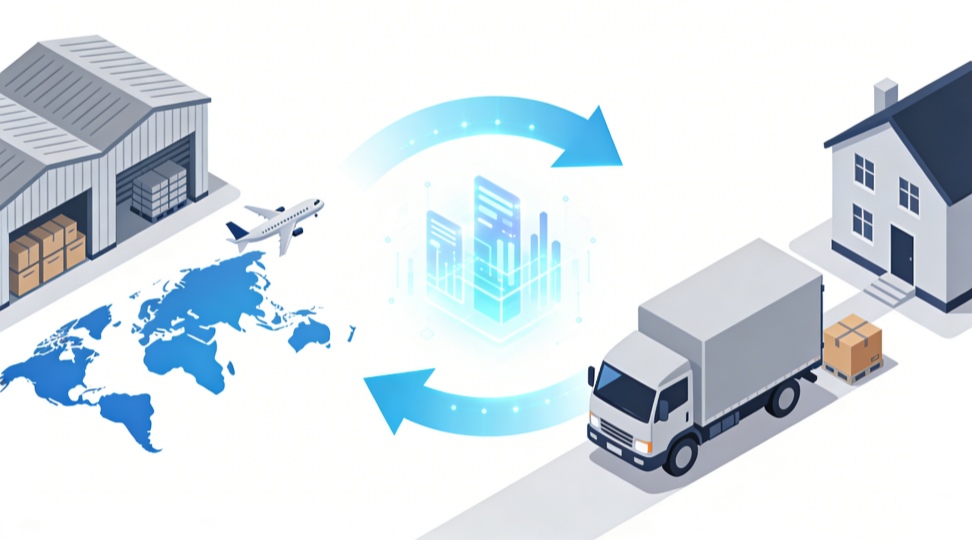 The logistics and distribution collaboration flowchart illustrates the relationship between logistics (warehousing and global transportation) and distribution (last-mile delivery) in the supply chain through data flow.