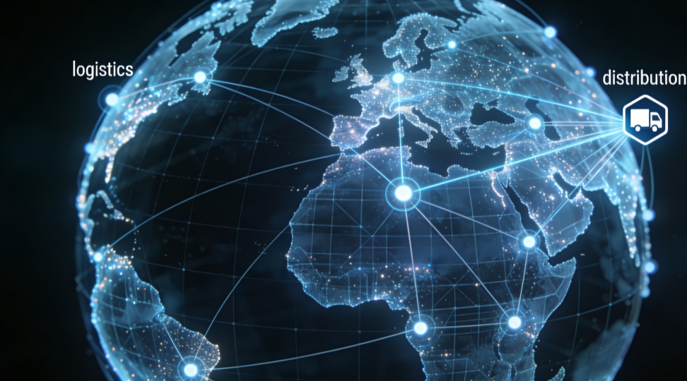 The digital supply chain network technology integrates an abstract conceptual diagram, showing a glowing global grid and data flow connecting logistics nodes and distribution terminals.