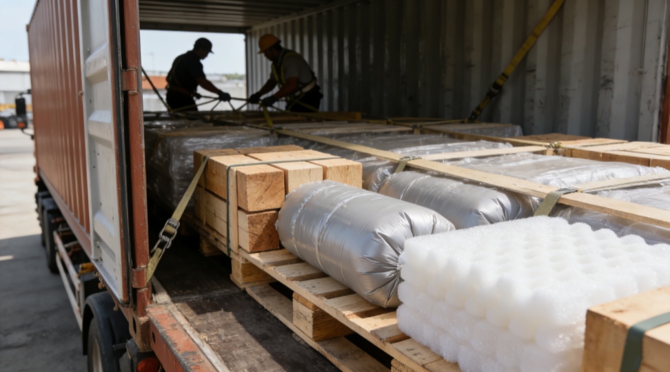 dunnage in shipping container protecting palletized cargo