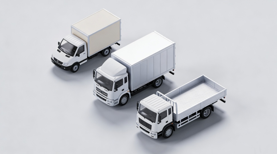 Diagram showing three types of straight trucks: a box truck, a refrigerated truck, and a flatbed truck, in a flat lay style.