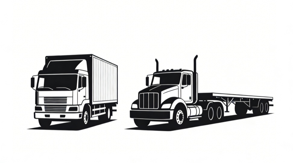 Side-by-side silhouette comparison of a straight truck (single unit) and a tractor-trailer (semi-truck with detached trailer).