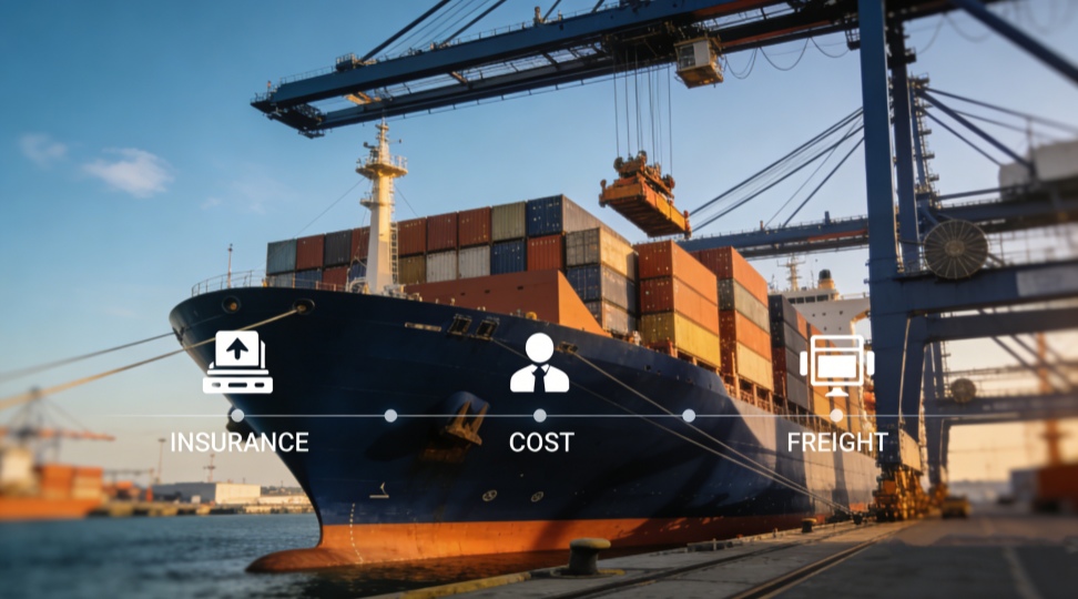 Hero image of a cargo ship loading containers at a European port illustrating CIF shipping concept